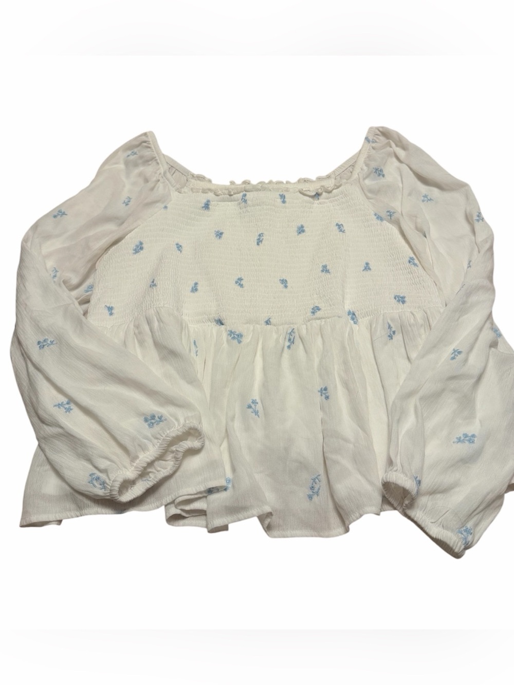 Torrid White Peasant Blouse with Blue Floral Embroidery